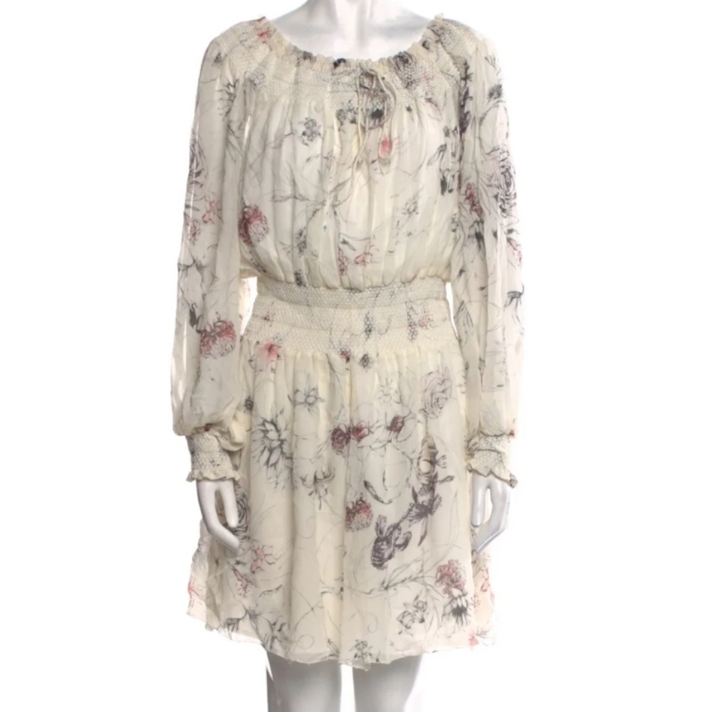 Sheer Floral Smocked-Waist Cream Dress